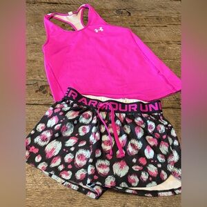Youth M Under Armour Play Up Printed Shorts and a pink Racer Tank top